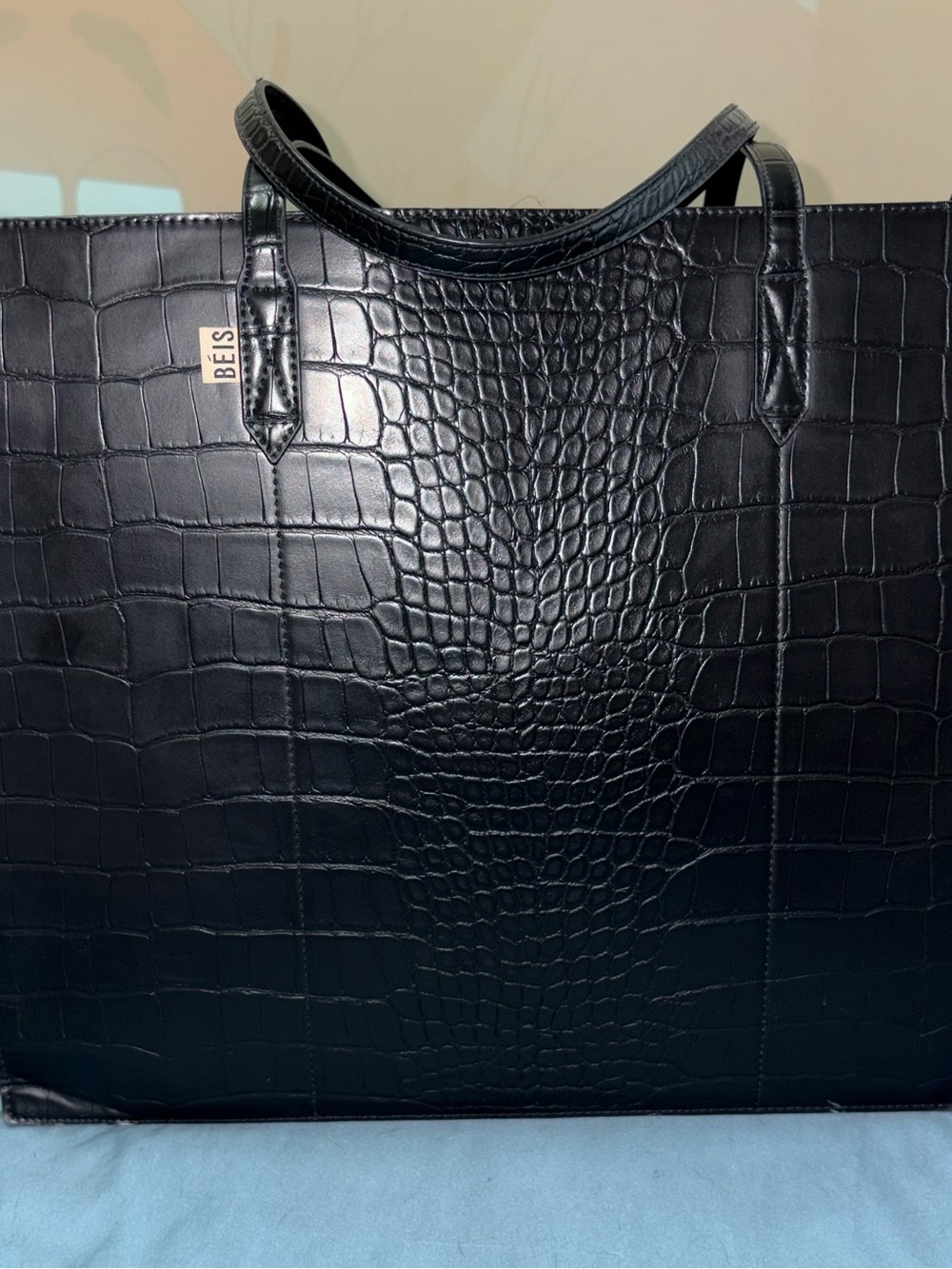 BEIS Black Croc-Embossed Carryall Tote